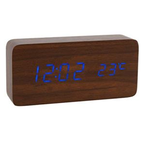 Lancoon Horloge Numérique en Bois - Réveil à LED Multifonction avec Affichage De L'heure / De La Date / De La Température Et Commande Vocale pour Le Voyage à Domicile - AC11Brown_Blue